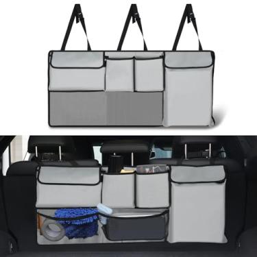 Imagem de UYYE Organizador para pendurar porta-malas, bolsa de armazenamento no banco traseiro, acessórios de interior de carro dobráveis com 4 bolsos e 2 bolsas de malha para ferramentas, fornecem mais espaço