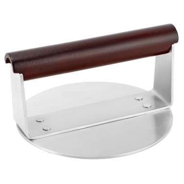 Imagem de QWORK Prensa de hambúrguer redonda de 15 cm com cabo de madeira de toque frio - resistente, à prova de ferrugem