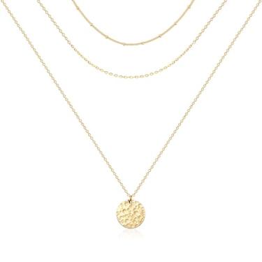 Imagem de Ldurian Colar em camadas, conjunto de 3, gargantilha com contas com pingente de disco, corrente em camadas para mulheres, joia delicada e simples (banhado a ouro 14K, martelado)