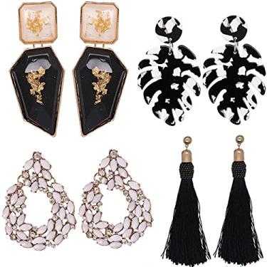 Imagem de 4 pares de brincos retangulares de strass com pingente de folha falsa boho, brincos de acrílico geométrico, para mulheres, meninas, festa diária, Zinco, Pedra dourada,