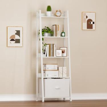 Imagem de RVHOME Prateleira de escada branca de 160 cm, estante de livros de escada atualizada de 5 camadas com gaveta, estante alta industrial, prateleiras de armazenamento de metal de madeira para sala de