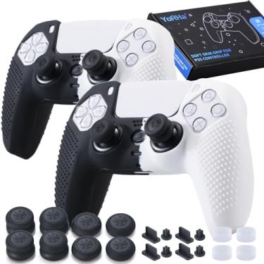 Imagem de YoRHa Capa de silicone para controle PS5 x 2 (preto + branco) com 8 alças de polegar, plugues x 8, protetores analógicos x 4
