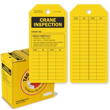 Imagem de SmartSign Pacote com 100 etiquetas de inspeção de guindaste, etiquetas escritas na caixa dispensadora, frente e verso com lista de verificação de segurança e grade em branco para detalhes de inspeção,