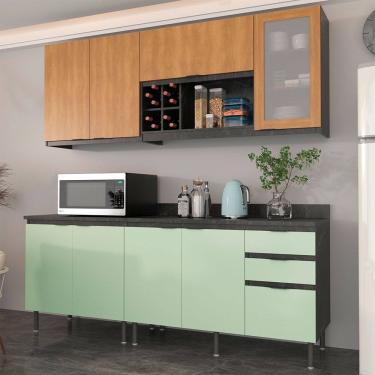 Imagem de Cozinha Compacta Azaleia CZ1200 200cm 04 Peças 08 Portas e 03 Gavetas com Divisor de Talheres Mármore Lunar Verde Mar Freijó Tecnomobili