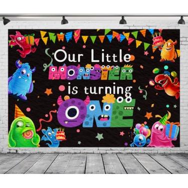 Imagem de DePhoto Pano de fundo de 1,8 m x 1,8 m de Happy Birthday Our Little Monster is Turning One para meninos, crianças, decoração de festa de aniversário, adereços de sessão de fotos em vinil