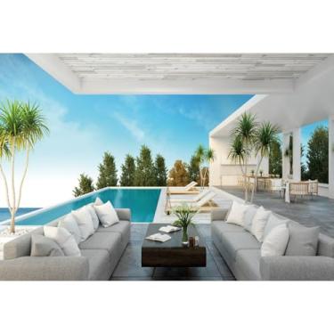 Imagem de Laeacco 1,5 x 1,2 m de luxo com fundo interior de villa à beira-mar moderna villa hotel piscina ao ar livre sofá fotografia fundo negócios escritório videoconferência decoração festa aniversário baile