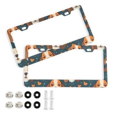 Imagem de SDMKA Molduras de placa de carro Beagle Dog Cartoon 2 peças 2 furos moldura de placa de licença de alumínio suporte de placa de carro com tampas de rosca, orifício elíptico