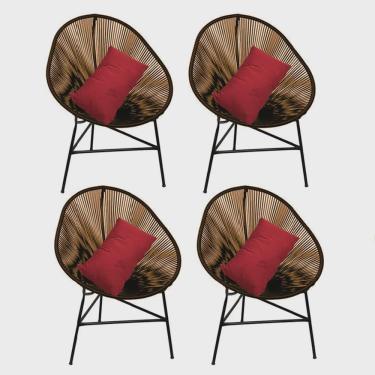 Imagem de Kit 04 Poltrona Cadeira Acapulco Sala Jardim Varanda Marrom Com Almofada Quadrada Corino Vermelho - Ahazzo Móveis