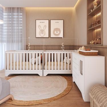 Imagem de Quarto de Bebê com 2 Berço Mini Cama Cômoda 1 Portas 3 Gavetas com Janela Popy Retrô Peroba - Branco Brilho