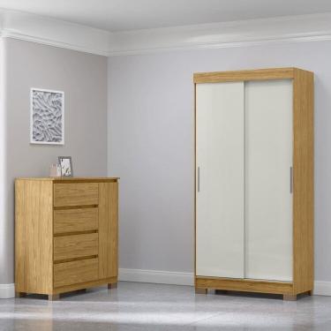Imagem de Conjunto Guarda-Roupa 2 Portas de Correr e 2 Gavetas Antares com Cômoda 1 Porta e 4 Gavetas Vega Marrocos/Off White