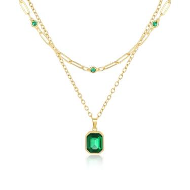 Imagem de Lourny Colar de cristal em camadas de ouro para mulheres, gargantilha banhada a ouro 18 K, verde esmeralda, corrente delicada, joia moderna para presentes femininos, One Size, Latão, Sem Pedra