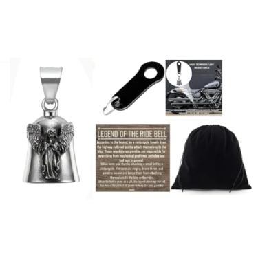 Imagem de KMA Est. 2005 THE RIDE BELL Anjo da guarda rezando com gancho preto para motociclista, amuleto da sorte, presente da sorte, Small, Aço inoxidável, Sem Pedra Preciosa