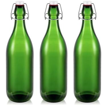 Imagem de Teenyyou 3 garrafas de vidro verde de 1 L, garrafas decorativas azuis com tampa hermética para vinho caseiro, faça você mesmo, faça suas próprias bebidas, decoração para centros de mesa