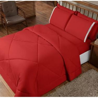 Imagem de Kit Edredom Casal Queen Jogo de Lençol 06 peças Aconchego Dupla Face (Vermelho)
