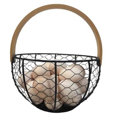 Imagem de Cesta de ovos de aço inoxidável com tampa de galo – Base antiderrapante oval ventilada cesta de arame para bancada, armazenamento multiuso de frutas e vegetais - decoração de fazenda (alça de bambu)