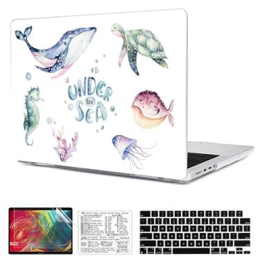 Imagem de QCzyc Compatível com MacBook Pro 16 polegadas versão 2021-2024 A3403 M4 A3186 M3 A2991 M2 A2780 M1 A2485 Pro/Max capa de plástico rígido e adesivo de teclado Mac OS e capa de teclado (animais marinhos