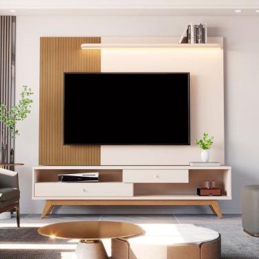 Imagem de Estante Home Theater para Tv até 75 Polegadas com Led Ripado Impressão 5232 Elmo/Offwhite