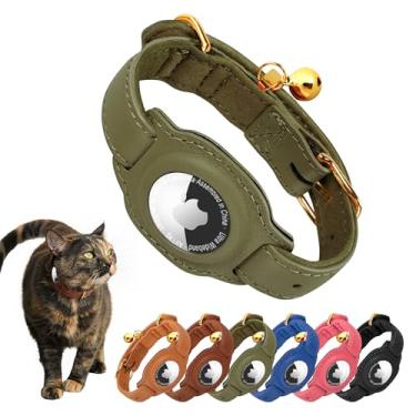 Imagem de Jowlroel Coleira AirTag para gatos com sino e forro de tecido - Coleira de couro para gatos - Coleira de couro para gatinhos que não quebram com suporte para AirTag - Coleiras GPS para gatos meninos e