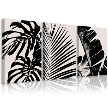Imagem de Arte de parede de folha tropical preta com folhas de palmeira decoração de parede preto bege plantas imagens abstratas botânicas impressão tropical planta tropical arte neutra sala de estar quarto