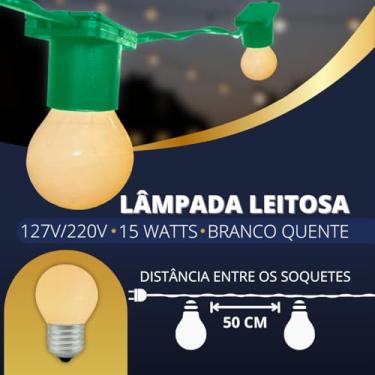 Imagem de Varal Luzes Até 25 metros a Cada 50cm Preto Lamp Leitosa 15w Area Externa Gambiarra Casamento Jardim (Verde - 127V, 25 Metros)