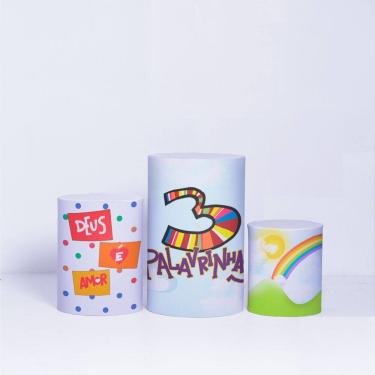 Imagem de Trio Capa Cilindro 3d Festa Infantil Sublimado Veste Fácil C/elástico 3 Palavrinhas