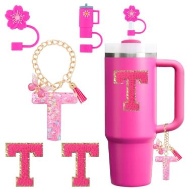 Imagem de Conjunto de acessórios para copo Stanley Cup 850.5 g 1,134.0 g copo com alça, incluindo tampa de cobertura de palha de silicone, pingente de alça, adesivo de iniciais fúcsia (T)