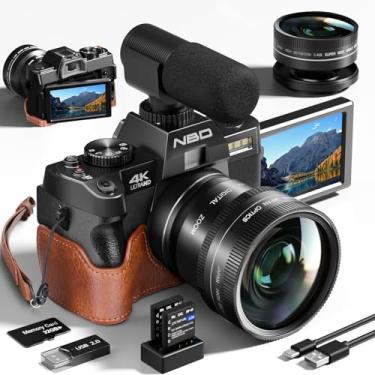 Imagem de Câmeras digitais NBD 4K para fotografia - 48 MP para fotografia de viagem e câmera de vlogging do YouTube com microfone, zoom digital de 16x, suporte e alça de couro, cartão SD de 32 GB e lente macro