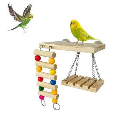 Imagem de Sirvarni Conjunto de brinquedos de poleiros de pássaros, acessórios para gaiola, papagaio, natureza, parquinho de madeira, plataforma suspensa com escada giratória para periquitos, periquitos