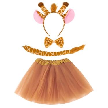 Imagem de CIEHER Conjunto de fantasia de girafa cáqui – tiara de orelhas de girafa, laço e saia de tule para Halloween/aniversário/festa cosplay