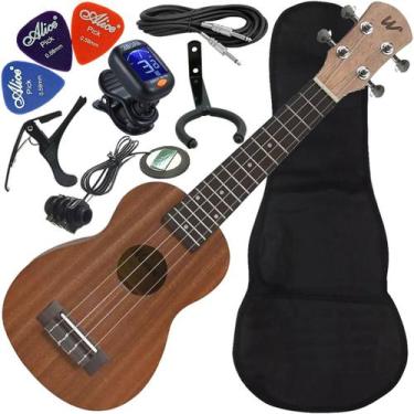 Imagem de Kit Ukulele Soprano Elétrico Cordas Aquila Sapele Natural Winner Ux02