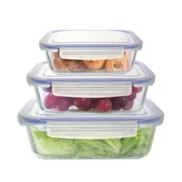 Imagem de Conjunto Potes Herméticos Retangulares com Trava em Vidro 3 Peças 370m