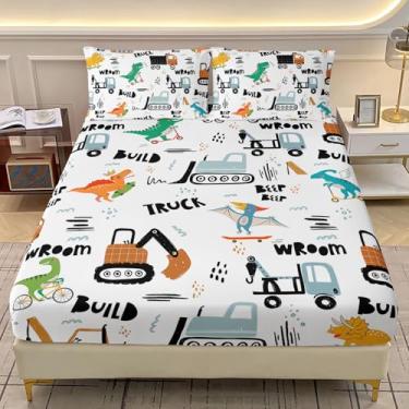 Imagem de AILONEN Jogo de cama solteiro com caminhão de dinossauro, tamanho GG, escavadeira, guindaste de construção, com 2 fronhas, jogo de lençol kawaii macio para meninos e meninas