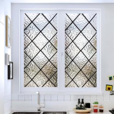 Imagem de HOMETITUTE Película para janela de vitral 45 x 99,8 cm, grade geométrica, película de privacidade, decalques com aderência estática, bloqueio solar, decoração para casa, escritório, janelas, portas