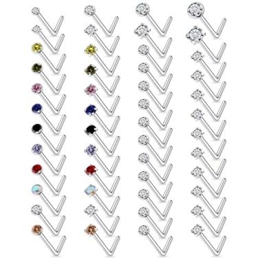 Imagem de Vsnnsns Piercing de nariz 18G, 20G, 22G, joia feminina de aço inoxidável cirúrgico 316L, saca-rolhas em forma de L, opala reta, diamante, zircônia, piercing de narina, joias para mulheres e homens