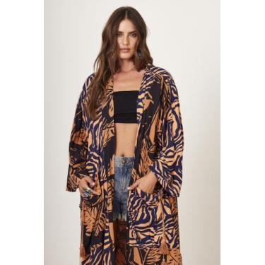 Imagem de Kimono Longo Com Bolsões Marrom Claro E Preto Estampado Yacamim J3, M,