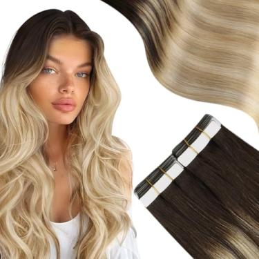 Imagem de Moresoo Fita Para Extensões De Cabelo Humano Ombré Balayage Castanho A Loiro Caramelo Mix Com Cola 18" #2/27/613 20 Peças 50G