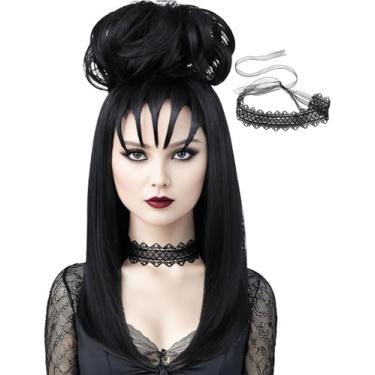 Imagem de AMZCOS Peruca Longa Preta Com Coques Cacheados E Acessórios Gargantilha – Perucas De Cabelo Sintético Resistentes Ao Calor Franja Para Cosplay Bruxa Gótica Halloween