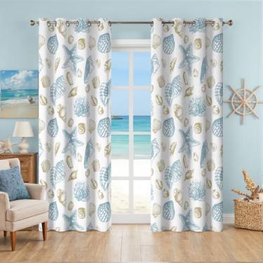 Imagem de Cortinas de praia costeiras decorativas náuticas com ilhós, estrela do mar, cortinas temáticas, isolamento térmico, 50% bloqueio de luz, 150% de comprimento, para sala de estar, quarto, 2 painéis, 132