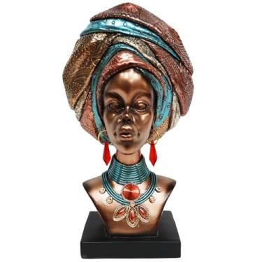 Imagem de NUOYI PIEIN Escultura de busto de senhora africana de 30,5 cm - Estátua vintage de arte de bronze para decoração de casa, prateleira de sala de estar e enfeite de mesa - Presente de estatueta feita à
