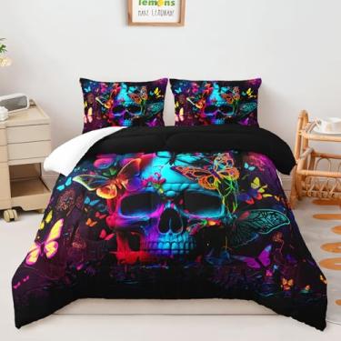 Imagem de AILONEN Conjunto de edredom de caveira colorida, tamanho queen, borboleta gótica, para meninos e meninas, macio, leve, com tema de esqueleto, 3 peças com 2 fronhas