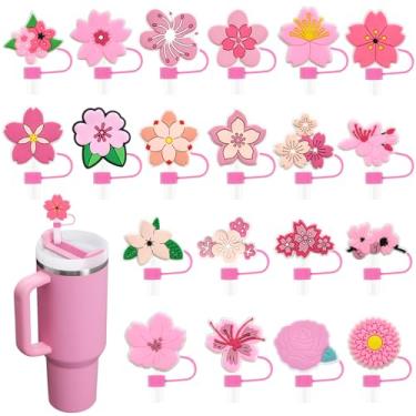 Imagem de 20 peças de tampa de palha rosa de flor para copo Stanley 1,134 g, lindos topos de canudo de PVC reutilizáveis, acessórios fofos de canudos DIY de PVC, serve para protetor de canudos de 10 mm à prova
