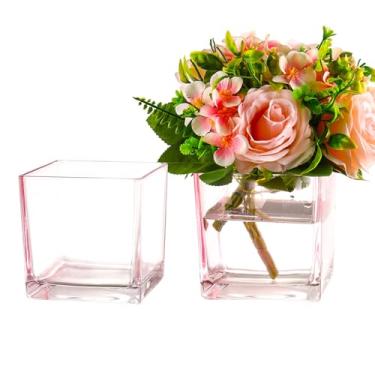 Imagem de MARTAGE Conjunto de 2 vasos quadrados de vidro rosa, vasos quadrados de 15 x 15 x 15 cm para centros de mesa, vasos de flores para centros de mesa, vaso pequeno para casamento, festa, decoração de