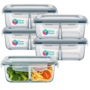 Imagem de Kit Pote Vidro 1040ML Vai ao Forno Microondas Hermético C/Divisória 5un