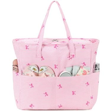 Imagem de Sacola de praia para piscina feminina grande bolsa de ginástica com compartimento molhado para viagens de fim de semana à prova d'água, Listras rosa e brancas, X-Large