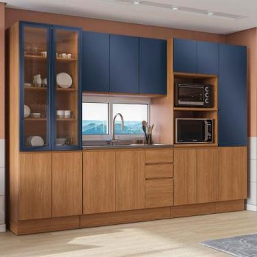 Imagem de Cozinha Modulada 310cm 15 Portas 3 Gavetas Ciela Kappesberg, Canela/Az