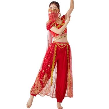 Imagem de COWINTIC Fantasia de princesa de dança do ventre – Aladdin Jasmine cosplay, festa de Halloween, fantasia azul-petróleo vermelha para mulheres/adolescentes, Vermelho, 8-10