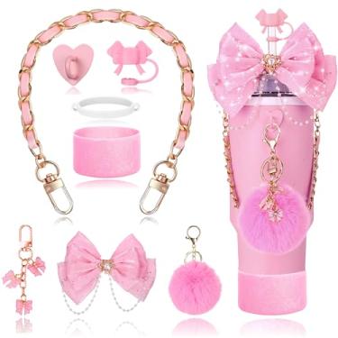 Imagem de 1 conjunto de acessórios para copo Stanley rosa, incluindo 1 alça de alça de garrafa de água, 1 bota de copo Stanley de silicone, 1 capa de canudo de silicone, 2 pingentes Stanley para copo Stanley de