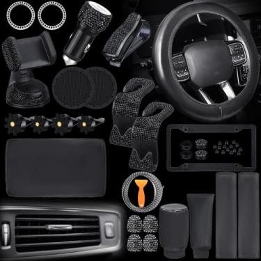 Imagem de Conjunto de acessórios de carro com 46 peças brilhantes para mulheres capa de volante de couro capas de cinto de segurança anéis de diamante adesivos suportes de copo de strass adaptador USB flor clipe de saída de ar (preto)