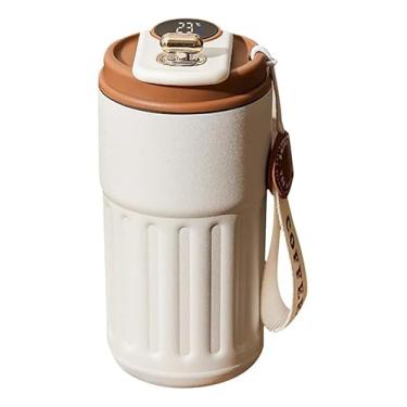 Imagem de Garrafa Térmica Digital LED, 450ml, Branca e Marrom, com Alça de Transporte e Display de Temperatura