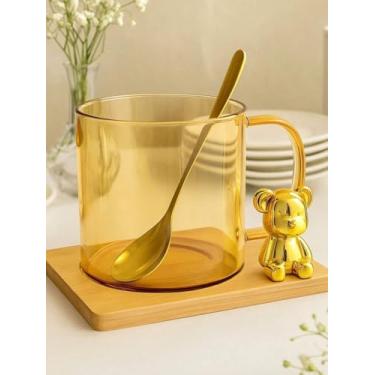 Imagem de Xicara de Vidro Âmbar Com Suporte de Bambu Colher e Ursinho Dourado 300ml - Caneca Decorativa para Café Chá e Presentes Especiais